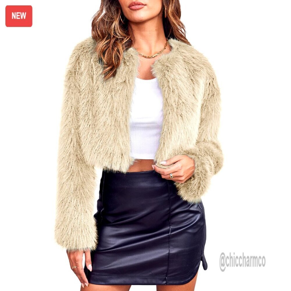 Cropped Faux Fur Jacket Open Front Cardigan Fluffy Parka Long Sleeve